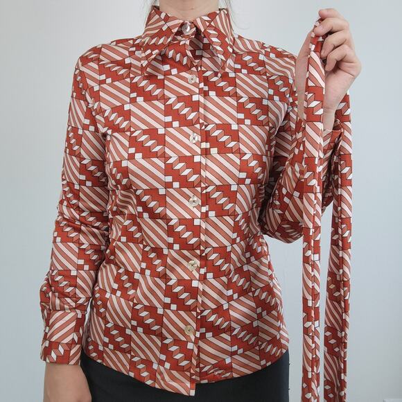 70s Dagger Collar Patterned Print Button Up Shirt Medium - Picture 3 of 11